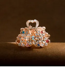 Mini rhinestone hair claw clip, rose gold metal alloy, sparkling crystals for side hair styling.