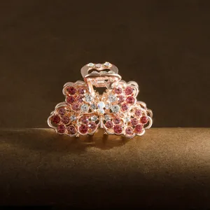Mini rhinestone hair claw clip, rose gold metal floral hair accessory for bangs and styling.