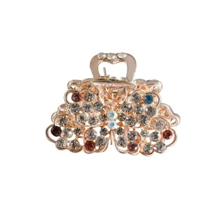 Small crystal hair claw clip, elegant rose gold rhinestone flower mini hairpin for daily styling.