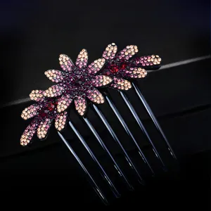 Rhinestone flower hair comb detailed view, sparkling crystal hair fork for elegant buns and styling.