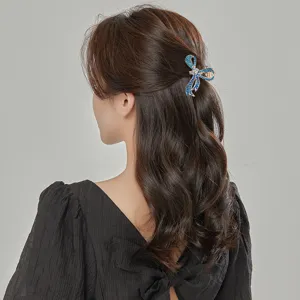 Elegant blue rhinestone bow hair claw clip for women, stylish metal shark clip for thick hair