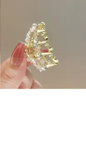 Gold metal rhinestone hair claw clip delicate pearl crystal small hair accessory detail view