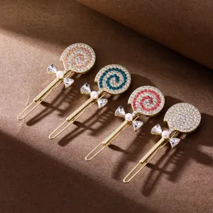 Rhinestone lollipop hair clips, cute metal sweet style hair accessories for women.