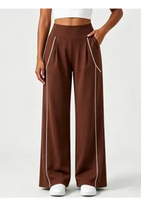 Women brown high waist straight leg wide pants with white piping casual trousers