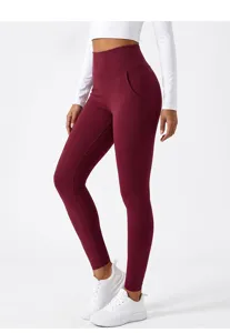 Pantaloni da yoga da donna a vita alta felpati con tasca bordeaux spessi caldi leggings fitness