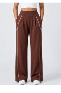 Brown wide-leg yoga pants high waist contrast stitching casual sport trousers detail view