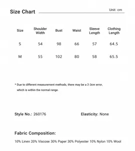 Size chart and fabric details for women's knit pullover sweater, detailing measurements.
