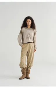 Women's gradient tie-dye crewneck knit sweater with vintage architectural front graphic.