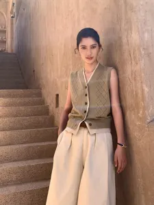 Women Contrast Color V Neck Argyle Hollow Out Knitted Vest Loose Sleeveless Sweater Waistcoat Cardigan Casual Top