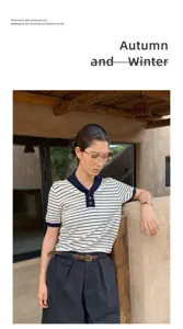 Classic striped short-sleeve knit polo top for women, perfect for stylish daily wear.