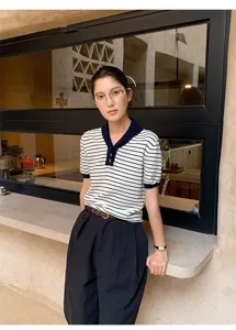 Color-block striped short-sleeve knit top for women, ideal for early autumn chic daily wear style.