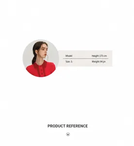 Model reference detail showing size specifications and fit on model for clothing items