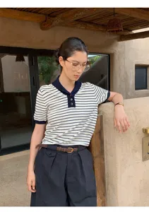 Colorblock striped short sleeve knit top detail, classic lapel with buttons, stylish knitwear.