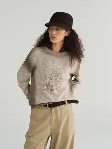 Women's gradient tie-dye crewneck knit sweater with front graphic building design for autumn casual daily wear.