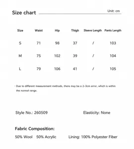 Wool blend high waist pleated harem pants size chart and detailed material specs.
