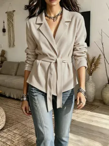 Women solid color corduroy belted blazer jacket long sleeve autumn winter casual outerwear