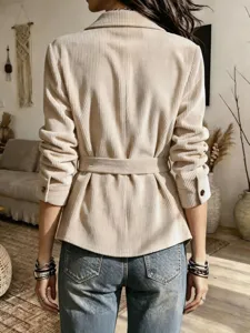 Women corduroy belted jacket casual long sleeve lapel coat winter outerwear stylish chic