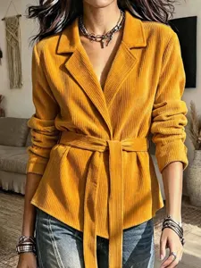 Corduroy belted blazer jacket for women, stylish long sleeve autumn winter outerwear detail.