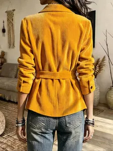 Corduroy blazer jacket detail, long sleeve buttoned cuffs, matching waist belt, yellow.