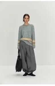 NEIHE women's wool blend high waist pleated harem trousers, stylish autumn winter casual pants.