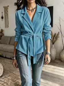 Women casual solid color corduroy lapel long sleeve blazer jacket with tie waist for autumn.