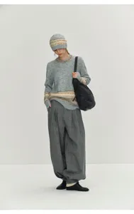 Grey wool blend high waist pleated harem pants for women, wide leg loose autumn winter.