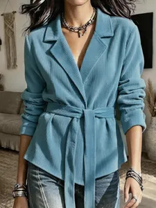 Blue corduroy blazer jacket with belt, lapel collar, and long sleeves for women autumn style.