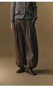 Women's wool blend high-waist pleated harem pants, warm winter trousers, vintage style.