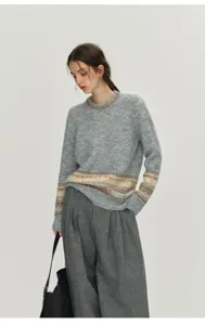 Detail shot of the grey Nordic patterned knit sweater, showcasing texture and vintage design.