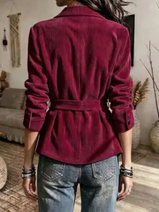 Women corduroy blazer long sleeve belted jacket retro lapel casual outerwear wine red