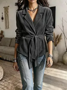 Women's solid color corduroy belted blazer jacket, elegant lapel long sleeve autumn outerwear.
