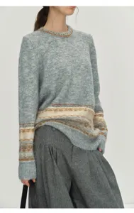 Women's thick Nordic Fair Isle knit sweater detail view, cozy winter casual pullover fashion.
