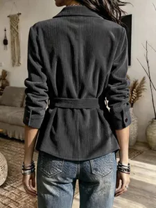 Corduroy belted blazer jacket back view detail showcasing the elegant fit and solid style.