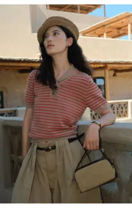 Color-block striped short-sleeve knit top, stylish casual wear for women daily outfit.