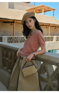 Women's contrast stripe short sleeve knit top, casual chic early autumn fashion apparel.