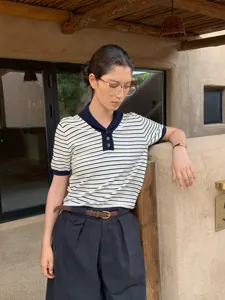 Women Vintage Stripe Polo Knit Top Cotton Short Sleeve Contrast Collar Button Loose Sweater For Early Autumn