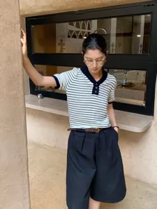 Women contrast striped short sleeve knit top, casual vintage polo shirt for early autumn stylish wear.