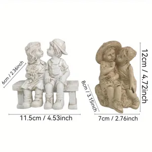 Resin boy and girl statue detail view showing precise dimensions and fine sculpture craftsmanship.