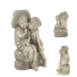 Resin Boy and Girl Garden Statue Vintage Child Figurine Outdoor Yard Decor White Sculpture