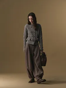 Women high waist pleated harem trousers wool blend casual pants autumn winter retro style