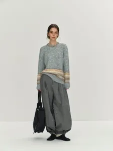Wool blend high-waisted pleated harem pants for women, stylish autumn winter trousers.