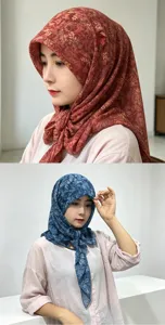 Detailed view showing floral headscarf worn by model in red and blue color variants.