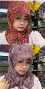 Retro cotton linen floral headscarf breathable sunproof hijab shawl detail presentation