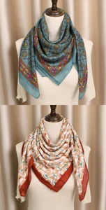 Vue detaillee foulard carre en coton et lin retro, motif elegante et tour de cou chaud.