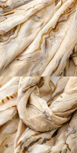 Detailed view of women's vintage ethnic style abstract print lightweight scarf fabric and texture.