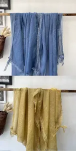 Detail shot of lightweight lace trim summer scarf shawl, breathable sun protection accessory.