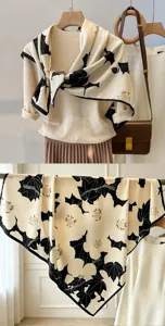 Vintage black and white floral square silk scarf, elegant lightweight versatile neckerchief.