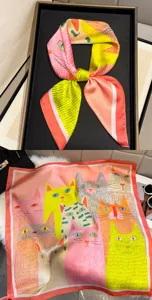 Farbenfroher Katzen-Print Seidengefühl Quadrat-Halstuch, elegante Frühlings-Damen-Foulard.