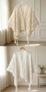 Détail cardigan tricot ajouré à pampilles, châle de plage léger, cape d'été rétro élégante.