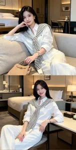 Chic striped knit shawl paired with classic white shirt, elegant old-money style outfit.